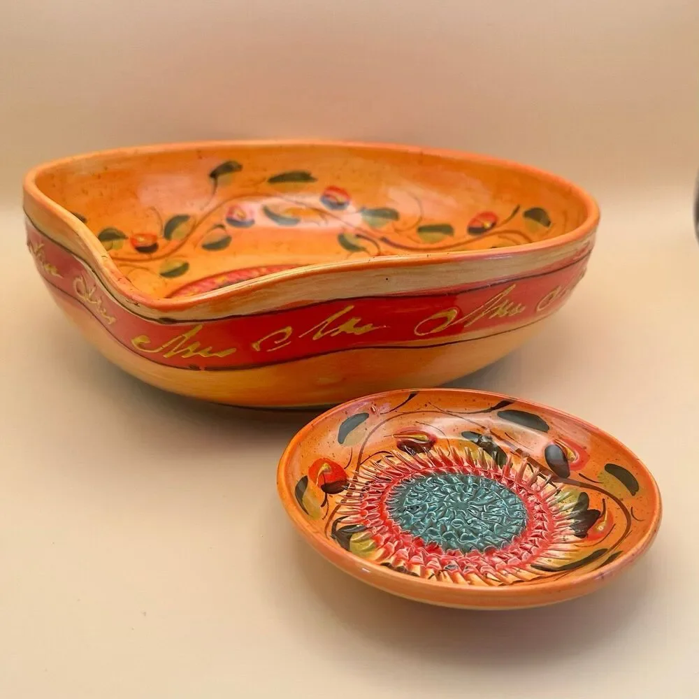 I See Spain Ceramic Grater Bowl Set 2 Pc Girasol Sunflower Hand Painted Pottery
